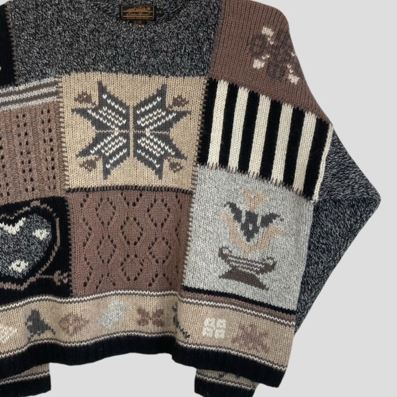 Vintage Eddie Bauer Patchwork Cable Crochet Knit Sweater Cozy Nordic Design Sz.L - Picture 6 of 12